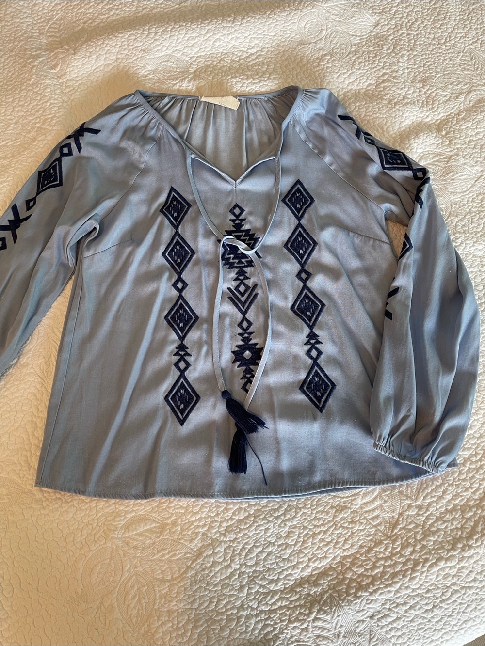 Savanna Jane Light Blue Blouse with Navy Embroidery